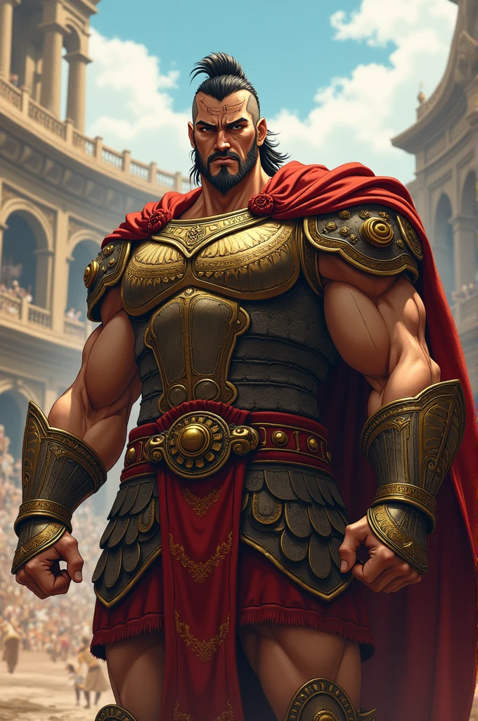 Create a fully equipped gladiator king, anime version