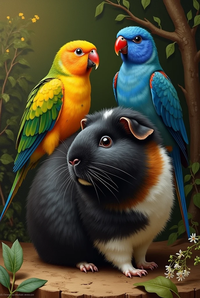 Painting with Renaissance features of a guinea pig with predominantly black fur, but with some white and brown parts, next to two birds of the Australian parakeet species, one yellow with green parts and the other completely blue.