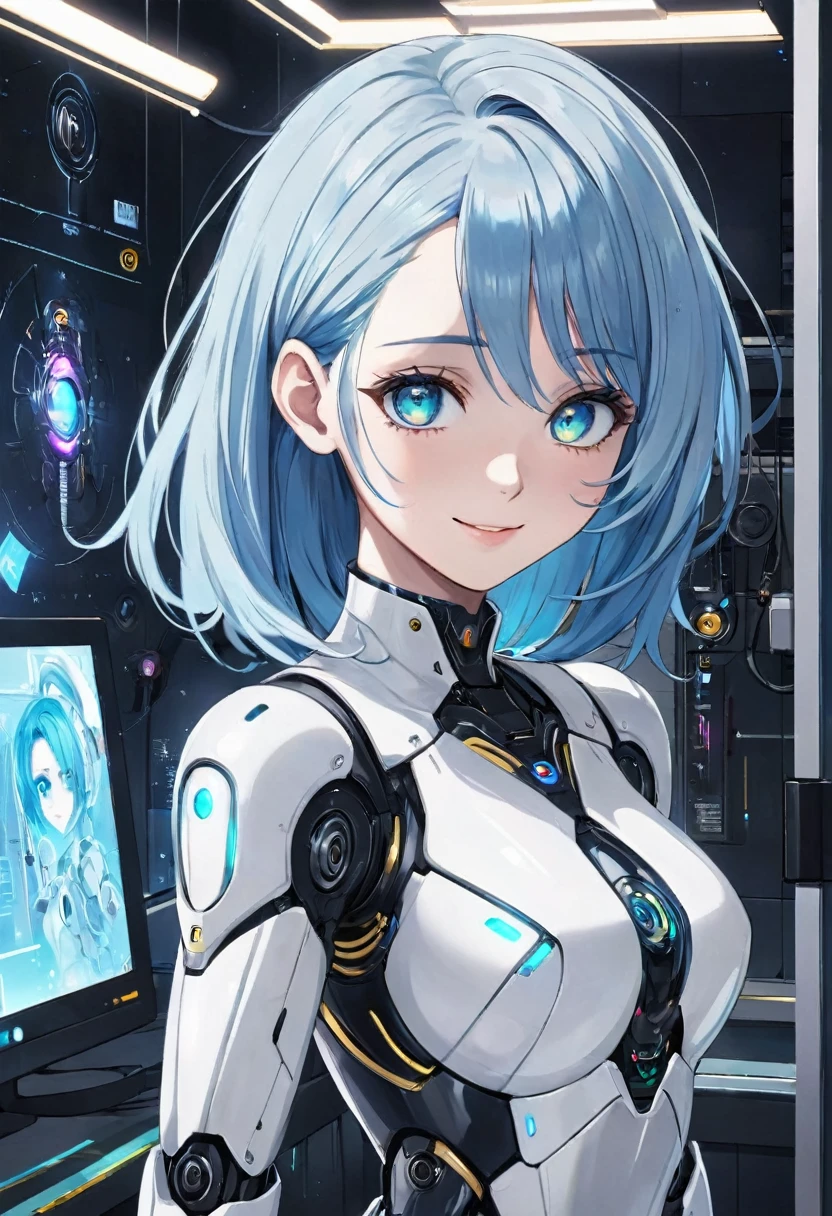 masterpiece, high quality, Absurd,High resolution,32K, One person, Reflective plate,refraction:1.4,Ultra-fine:1.4,(High resolution,RAW Photos(Cyberpunk characters:1.3),(((Android Assistant,White body robot girl))),Blue Hair,Golden Eyes,An innocent face and an innocent smile ,Inside the lab,