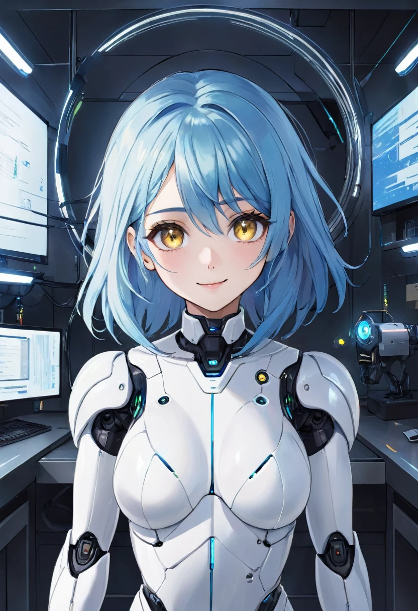 masterpiece, high quality, Absurd,High resolution,32K, One person, Reflective plate,refraction:1.4,Ultra-fine:1.4,(High resolution,RAW Photos(Cyberpunk characters:1.3),(((Android Assistant,White body robot girl))),Blue Hair,Golden Eyes,An innocent face and an innocent smile ,Inside the lab,