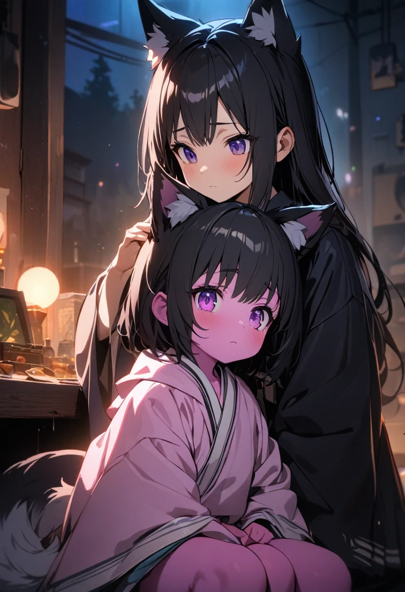2 boy, twin children, wolf ears, wolf tail, purple, Short black hair like ears and tail iris eyes, fair skin, pink skin, innocent eyes, simple white kimonos, sitting next to each other, night, (best quality,4k,8k,highres,masterpiece:1.2),ultra-detailed,studio lighting,extreme detail description,vibrant colors, ((detailed, detailed faces))