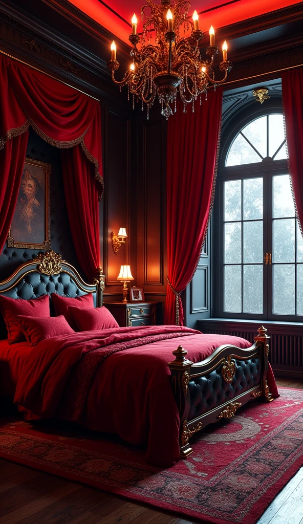 Royal bedroom for girls with all details and a big royal bed with red and black theme and open window and rainy weather at night
red light