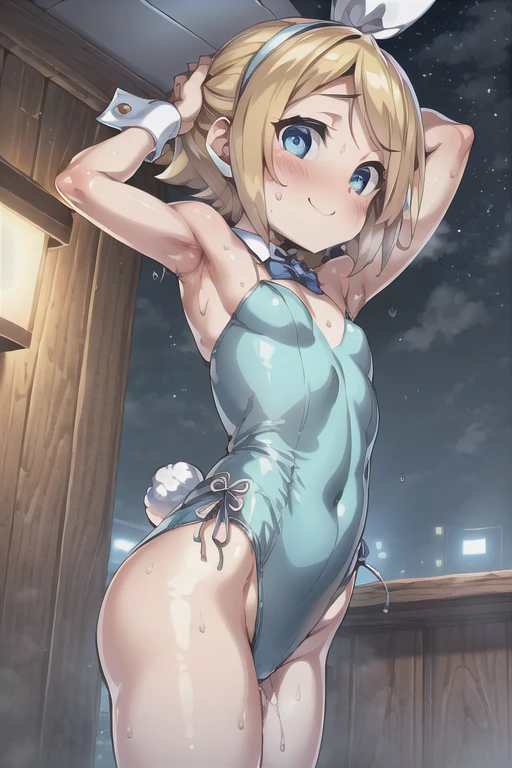 (((masterpiece))), ((Highest quality)), (Very detailed), ((High resolution)), ((8k)), ((Anatomically correct)), A very cute person, Baby Face, (Young face), (Small breasts), (Kagamine Rin), Short Hair, Blonde, Letting down your bangs, (Short), (Petite), Charming smile, Light blue eyes, Best moment, Delicate arms, Detailed skin texture, Intricate details, Very detailedな顔, Beautiful thighs, Beautiful curves, (Sweating), ((Bunny girl)), Looking up, At the cottage at night, Love your audience, heart, The whole body is visible, Beautiful standing posture, (Love juice), You're inviting your audience, Rabbit Pose,