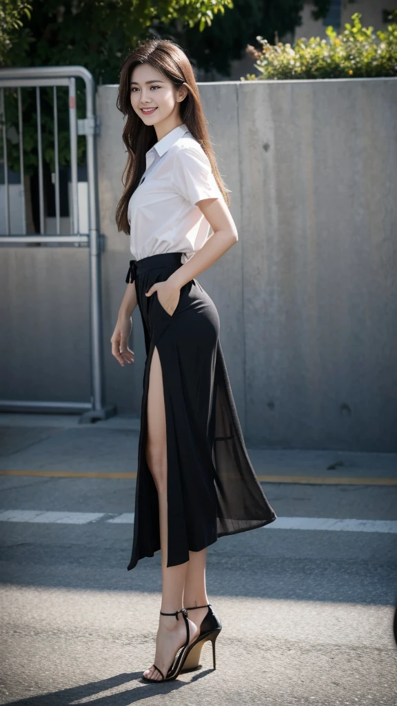 perfect bodies: 1.1, Extremely detailed CG 8k wallpaper, Extremely refined and beautiful, masterpiece,best qualtiy:1.0,Ultra-high resolution:1.0,A high resolution,smiling:1.2, Smooth and flawless fair skin,ultra - detailed , medium breasts:1.1,Black tight torn maxi long skirt:1.4, white short-sleeve button up shirt:1.2, brown suede belt:1.2, In football field:1.5,full body shot, black long messy straight hair, detailed face, black high heels:1.2, perfect body proportions:1.2, standing backbend pose:1.5, legs straight:1.5, thai university uniform, super-realistic, arms behind back:1.5, wrists crossed:1.5, shibari:1.5, from side, tied up woman