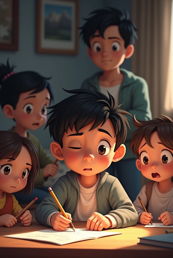 Children at home and their father are writing. The boy is holding a pencil and crying.