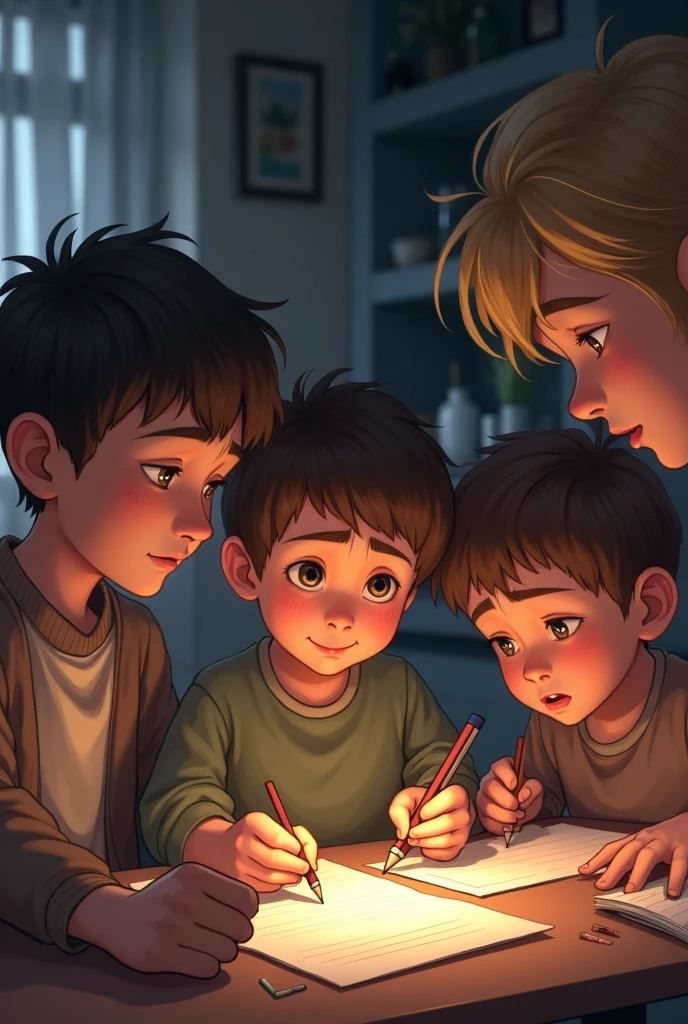 Children at home and their father are writing. The boy is holding a pencil and crying.