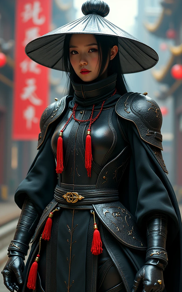Full body shot, Female Chinese swordsman in black mecha armor, wearing an ancient hat and holding long katanas with red tassels on the handles. Wearing a mecha mask. In the style of Unreal Engine, featuring futuristic technology and high-tech elements. Bright colors, full body photos, close-up shots, strong contrast between light and dark, exquisite details