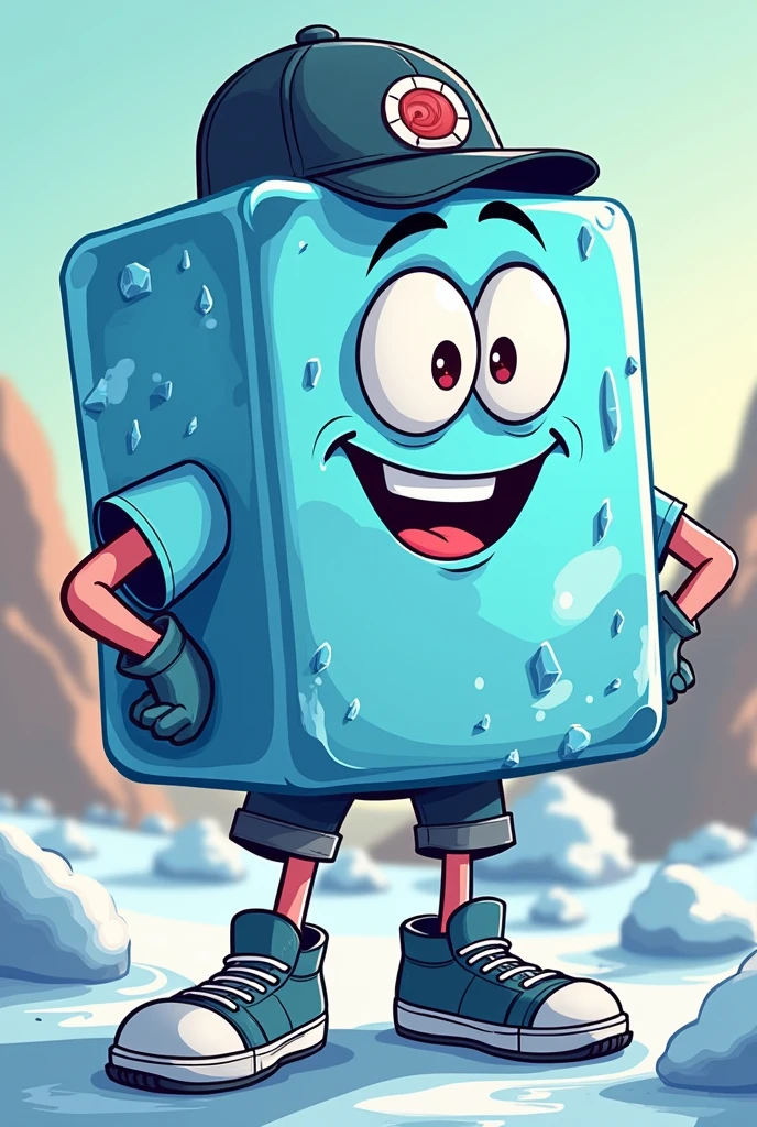 ice cube mascot in cartoon with shirt and shoes and hat