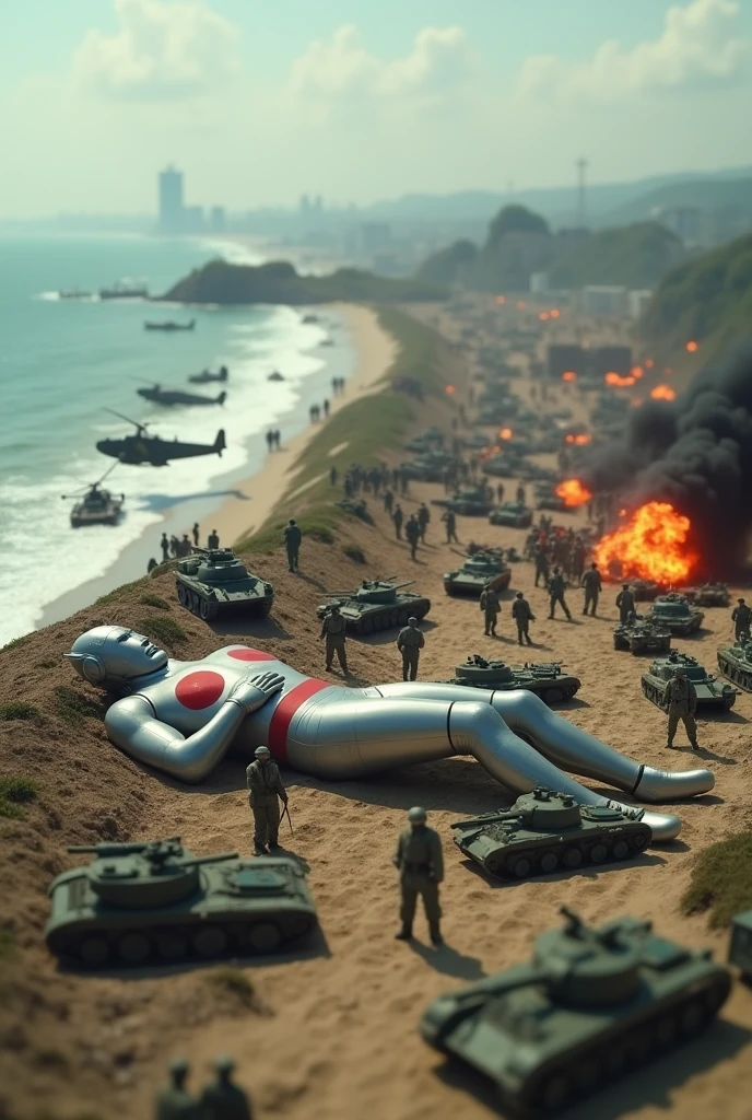 sleeping ultraman. army day bomb . sea, beach . everywhere lot of soldier in battlefield.world war 2. tilt shift photography. lot of war. tank.aircraft 1940. air drop