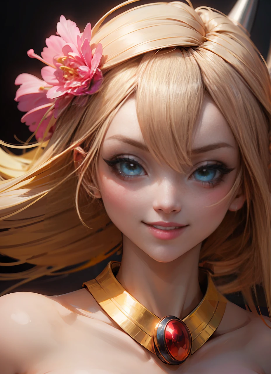 Mid-body shot. Beautiful face of dark magician gils. blue eyes. long and thick eyelashes. pink lips. white teeth. Gold arts. gold necklace. Long blonde hair. Pink blush on the cheeks. brio in the eyes. Glass and neon eyes. smile. coquette. half body shot.