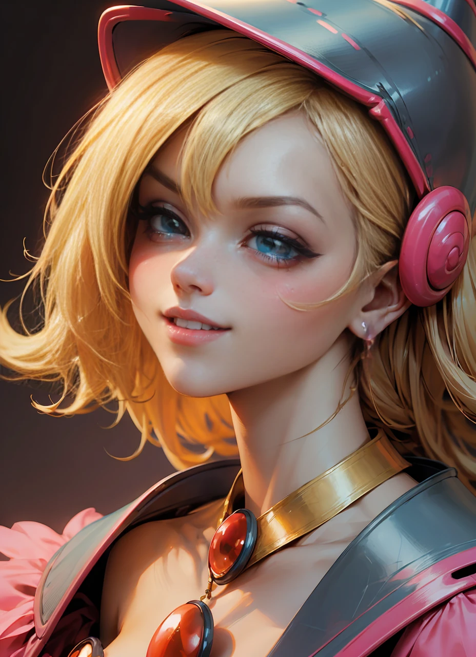 Mid-body shot. Beautiful face of dark magician gils. blue eyes. long and thick eyelashes. pink lips. white teeth. Gold arts. gold necklace. Long blonde hair. Pink blush on the cheeks. brio in the eyes. Glass and neon eyes. smile. coquette. half body shot.