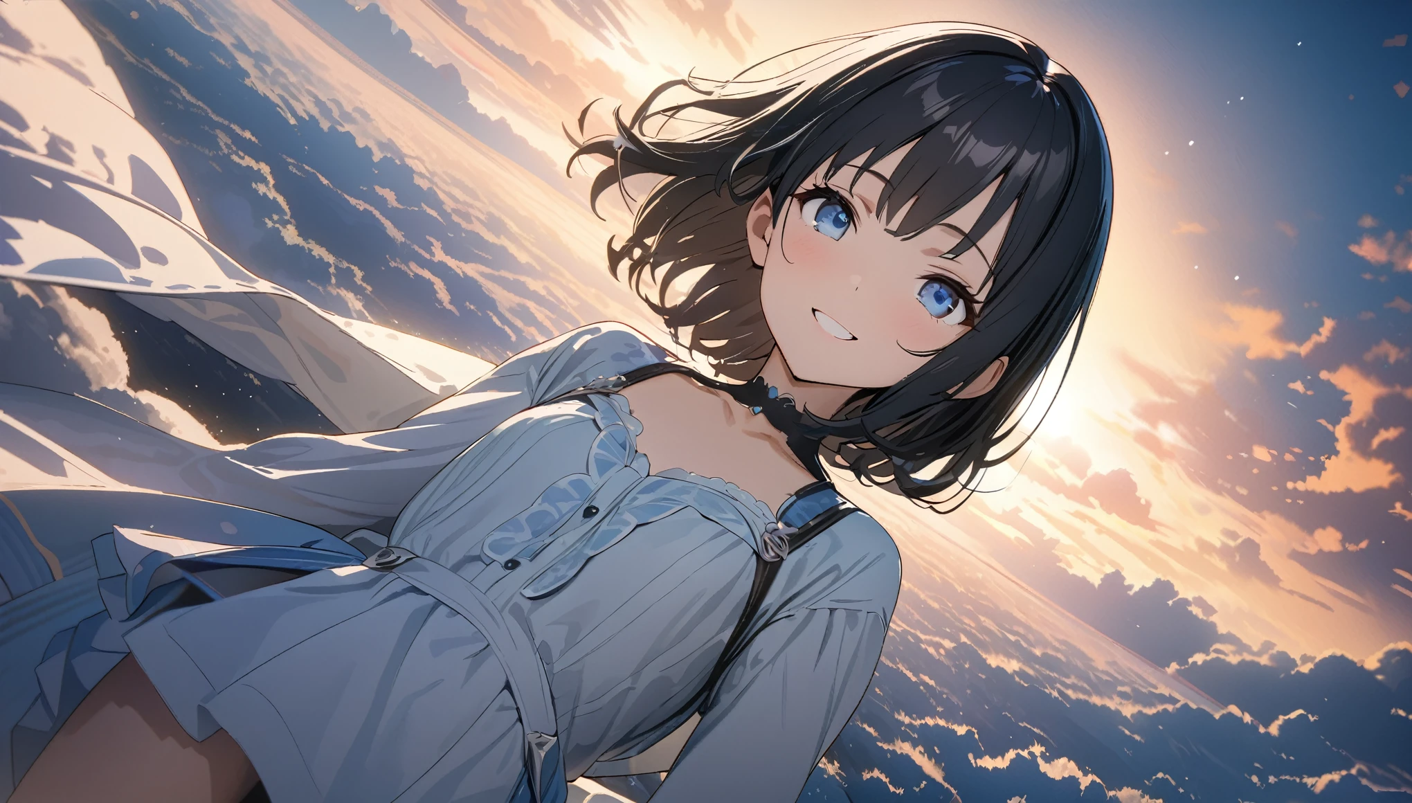 ((ultra-detailed))/(one women with short black hair and bob hair.、beautiful blue eyes,.、smile、gentle smile on her face、flat chest, one Beautiful girl,((masterpiece, illustration, best quality) ((ultra-detailed))/),Floating in the sky, clouds, close, bright, smile, Warm and soft lighting,,濃い青とBeautiful Blueのグラデーション, High resolution, 8K HD detail, hyper-detail, cinematic, surrealism, soft light, deep field focus bokeh, ray tracing and surrealism. --v6'