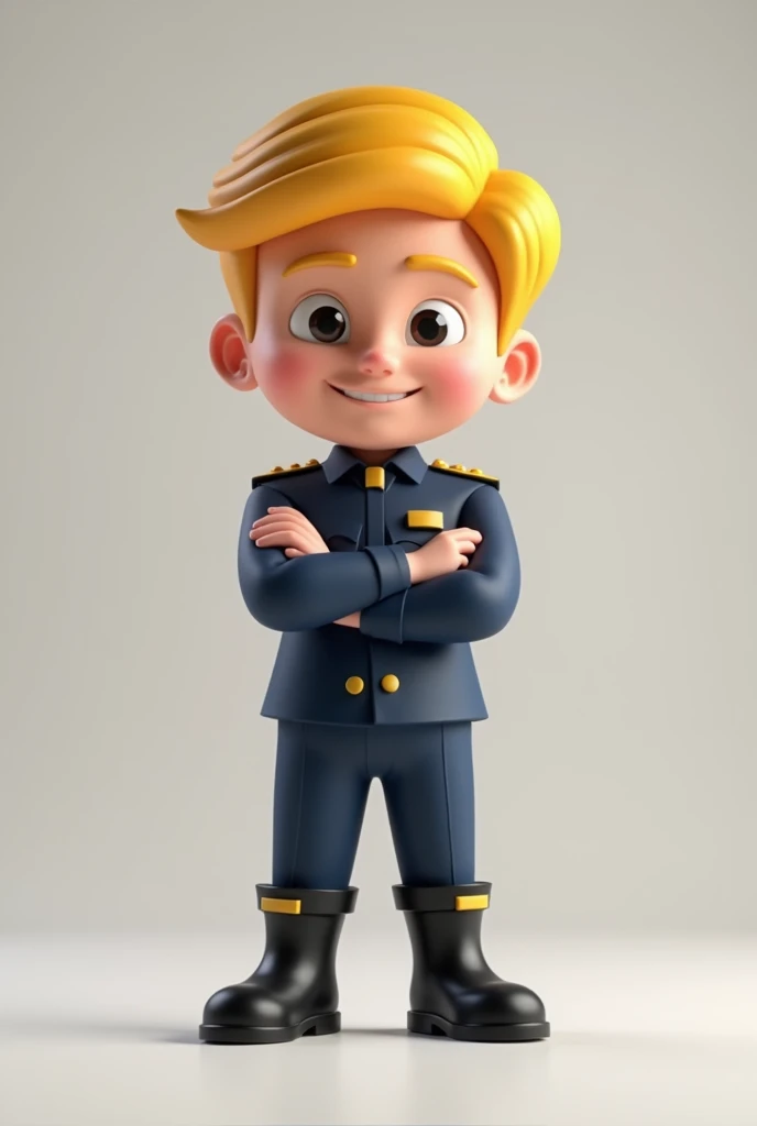 Create a mascot of a short 3d male blond animated character wearing a dark blue uniform with no logo and black boots with crossed hands