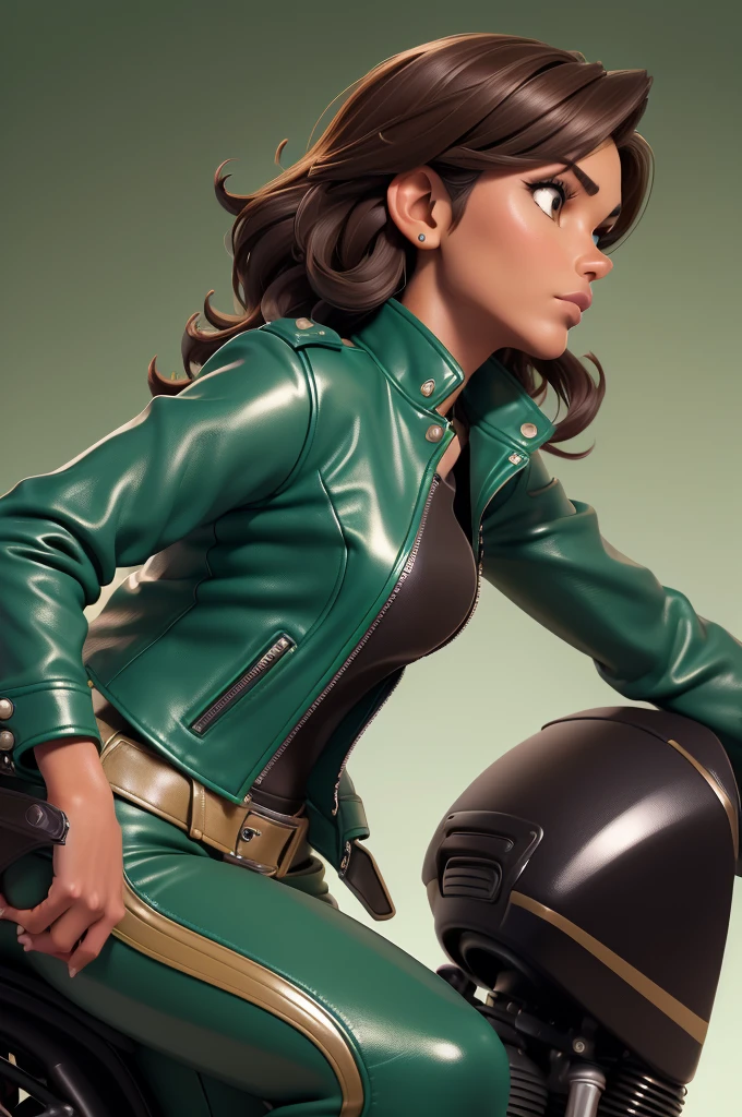 obra prima, melhor qualidade, ((only one woman,)) ((kristi noem, dark tan skin, dark brown wavy bob hair)) looking over shoulder at me, massive erect cone tits, ((wearing metallic green leather biker moto jacket,)) ((jacket has padded shoulders, jacket has stiff high collar,)) (((wearing jade green leather pants,))) body is very skinny, arched back, ((riding motorcycle, extreme closeup view, side front view of upper body,)) shallow depth of field, highres, HD, 8k, anatomically correct