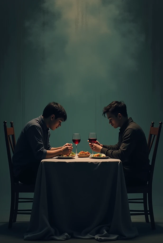 Couple sitting at a table, eating something and drinking wine, with a sad vibe, without love, The two don't touch or look at each other., dark and lifeless environment