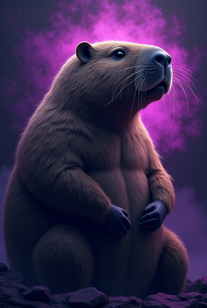 Create an image of a purple and black team jersey featuring a very beautiful capybara. 
