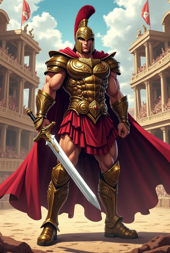 Create a fully equipped gladiator king with a helmet and gladius, anime style