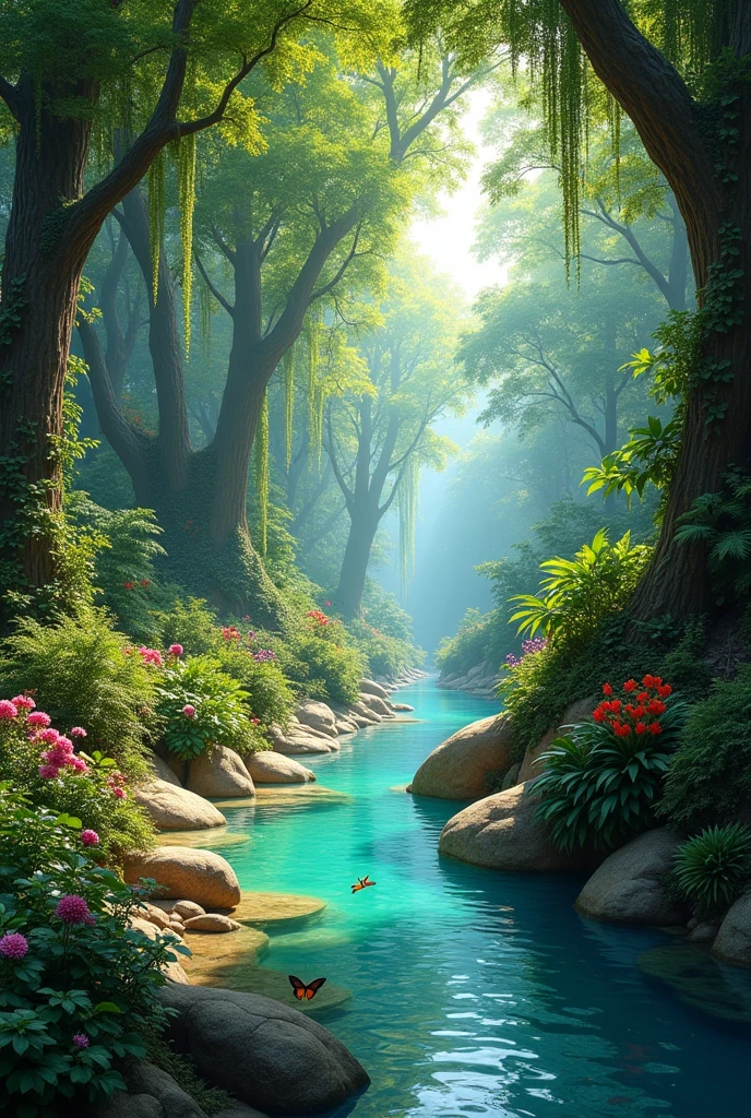 Imagine a vibrant jungle in the heart of spring, where nature is in full bloom. Towering trees with thick, lush canopies create a mosaic of greens, from deep emerald to bright lime. The air is filled with the sweet scent of blooming flowers, their petals in shades of vivid reds, purples, and yellows. Vines hang gracefully from the trees, some adorned with delicate blossoms, while others twist around the trunks, creating natural spirals.
A crystal-clear river winds its way through the jungle, its water shimmering in the sunlight that filters through the leaves above. The river's banks are lined with smooth stones and soft, damp earth, with ferns and mosses thriving in the cool, shaded areas. The sound of the river’s gentle flow is complemented by the chorus of birds singing in the trees, and the occasional rustle of leaves as small animals move about.
The jungle is teeming with life—colorful butterflies flutter above the river, frogs croak from hidden spots near the water’s edge, and the distant call of a monkey echoes through the trees. The sunlight that breaks through the canopy creates dappled patterns on the ground, adding to the enchanting atmosphere.
This springtime jungle is a lush, thriving paradise where every element of nature seems to be in perfect harmony, offering a serene and mesmerizing landscape.