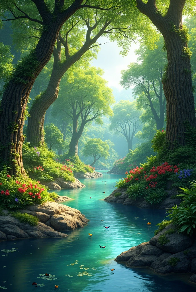 Imagine a vibrant jungle in the heart of spring, where nature is in full bloom. Towering trees with thick, lush canopies create a mosaic of greens, from deep emerald to bright lime. The air is filled with the sweet scent of blooming flowers, their petals in shades of vivid reds, purples, and yellows. Vines hang gracefully from the trees, some adorned with delicate blossoms, while others twist around the trunks, creating natural spirals.
A crystal-clear river winds its way through the jungle, its water shimmering in the sunlight that filters through the leaves above. The river's banks are lined with smooth stones and soft, damp earth, with ferns and mosses thriving in the cool, shaded areas. The sound of the river’s gentle flow is complemented by the chorus of birds singing in the trees, and the occasional rustle of leaves as small animals move about.
The jungle is teeming with life—colorful butterflies flutter above the river, frogs croak from hidden spots near the water’s edge, and the distant call of a monkey echoes through the trees. The sunlight that breaks through the canopy creates dappled patterns on the ground, adding to the enchanting atmosphere.
This springtime jungle is a lush, thriving paradise where every element of nature seems to be in perfect harmony, offering a serene and mesmerizing landscape.