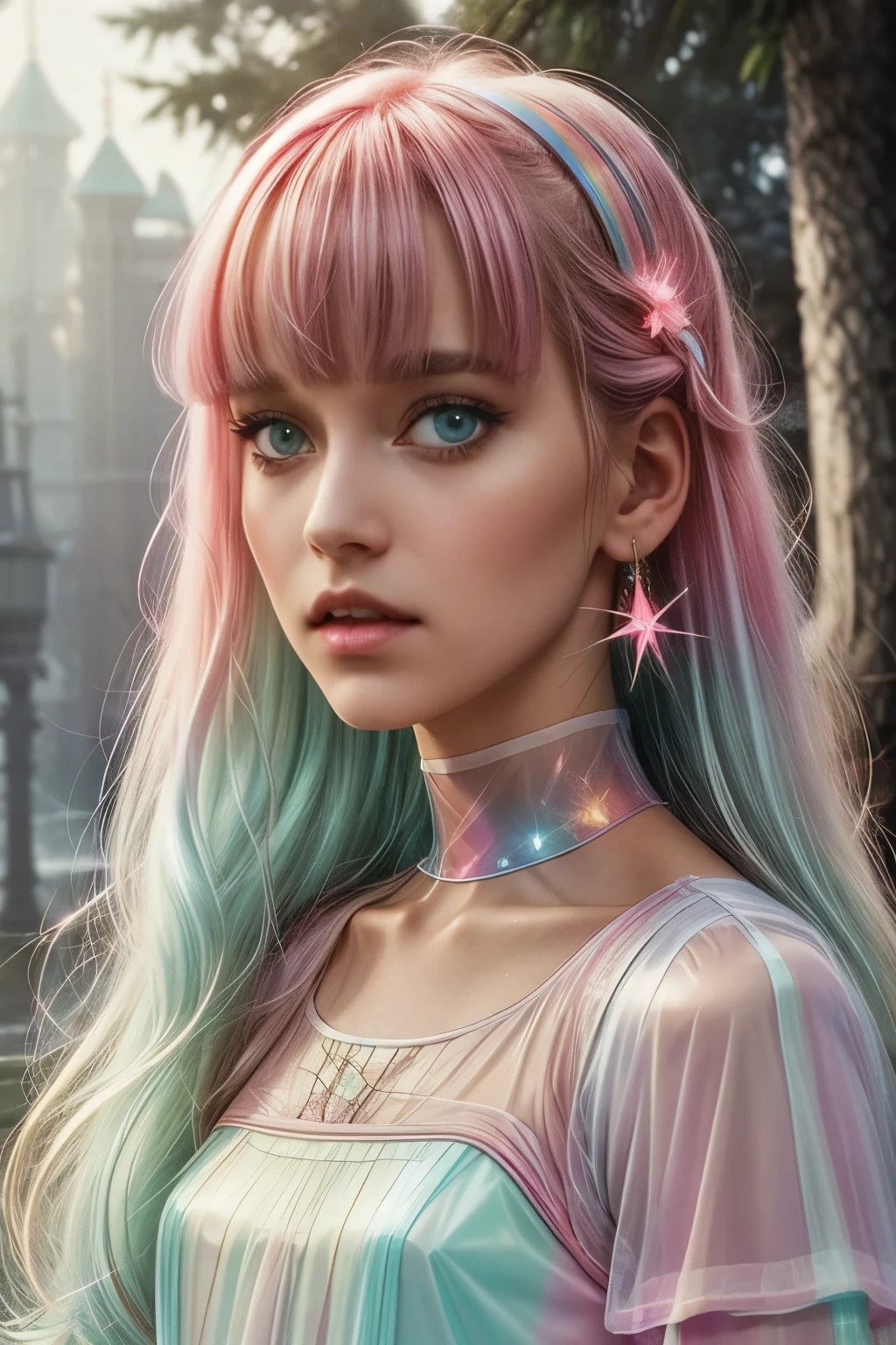 (fluorescent colors:1.4),(translucent:1.4),(retro filters:1.4), (fantasy:1.4), candy world Disney land ethereal soft fluffy soft landscape forest snowavatar Pastel pink sky green blue sparkle ethereal light pastel whimsical light rainbow stars diamonds sparkle gemstone background hyper realistic Ultra quality cinematic lighting immense detail Full hd painting Well lit,diagonal bangs,, collared dress,on side, masterpiece, best quality,realskin,(portrait:1.5), 1girl, blunt bangs, long hair