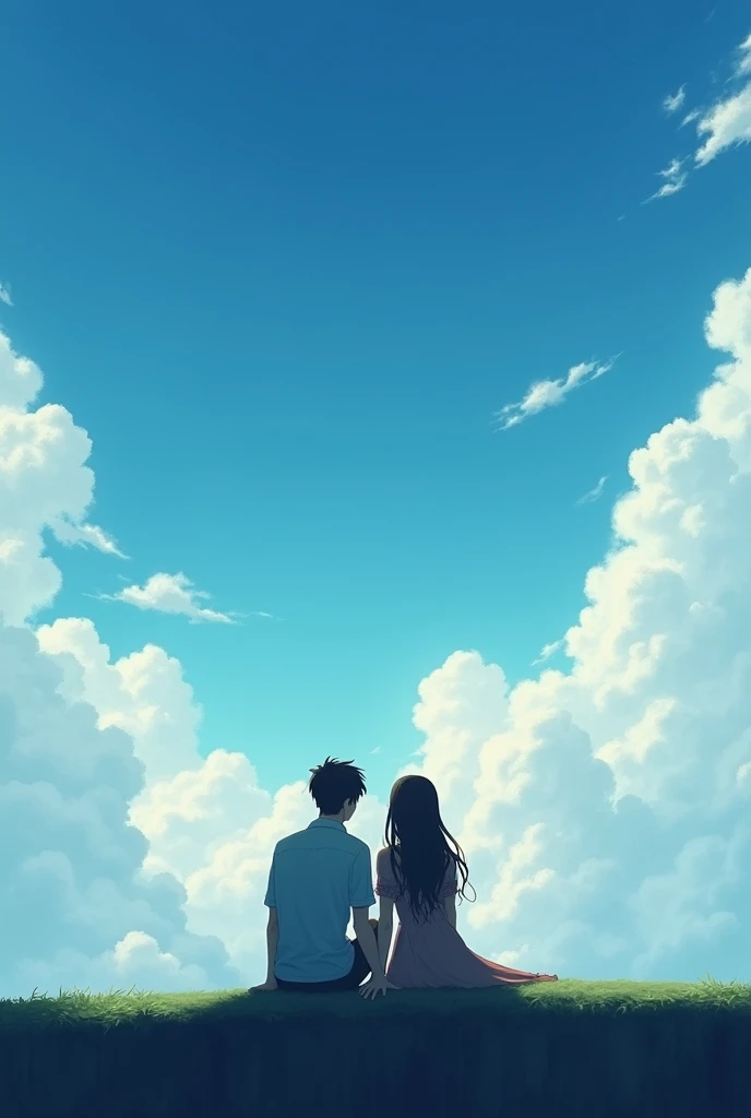 Love story of two people sitting close to the sky