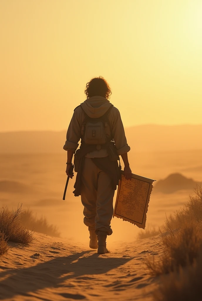 2. Une silhouette d'explorateur marchant seul dans le désert, avec une carte ancienne à la main, dirigé vers un horizon inconnu.