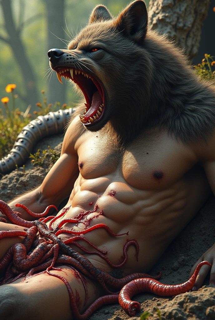 realistic picture of a naked half werewolf sunbathing being attacked by a group of worms and some of the worms tore his stomach, one of the worms went into his genitals and he was in pain