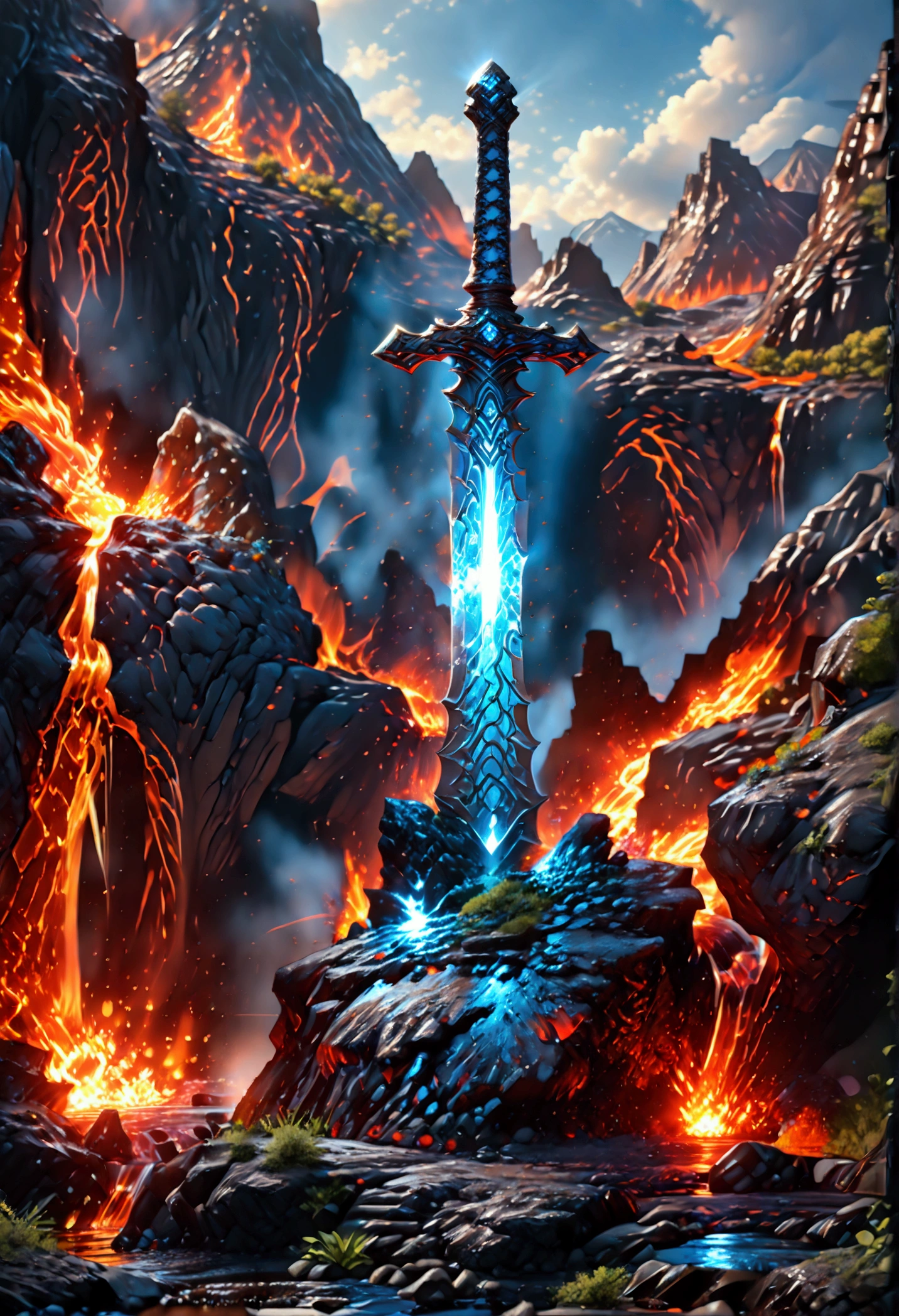 an giant sized sword surrounded with blue flame  stands on its point in volcano, a masterful sword made from diamond, epic sword, divine sword, (mountain sized sword: 1.5), its glistening in the sun, it has many facets, blue flames surround it GlowingRunesAI_paleblue, it stands in a pool of lava in a volcano, fantasy volcano background, sun rays, divine rays, high quality, landscape, lava land,  (best details, Masterpiece, best quality :1.5), ultra best realistic pictures , best details, best quality, 16k, [ultra detailed], masterpiece, best quality, (extremely detailed), ultra wide shot, photorealism, depth of field, diamondWM