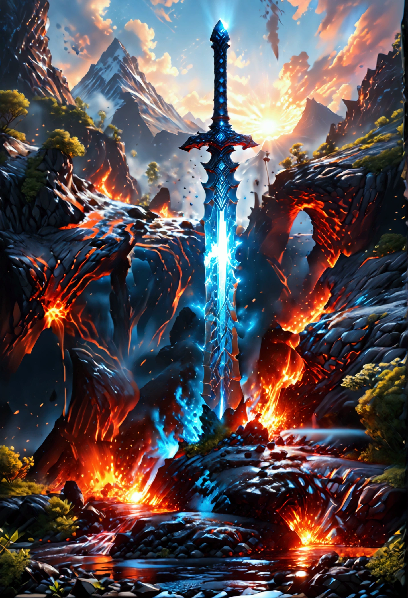 an giant sized sword surrounded with blue flame  stands on its point in volcano, a masterful sword made from diamond, epic sword, divine sword, (mountain sized sword: 1.5), its glistening in the sun, it has many facets, blue flames surround it GlowingRunesAI_paleblue, it stands in a pool of lava in a volcano, fantasy volcano background, sun rays, divine rays, high quality, landscape, lava land,  (best details, Masterpiece, best quality :1.5), ultra best realistic pictures , best details, best quality, 16k, [ultra detailed], masterpiece, best quality, (extremely detailed), ultra wide shot, photorealism, depth of field, diamondWM