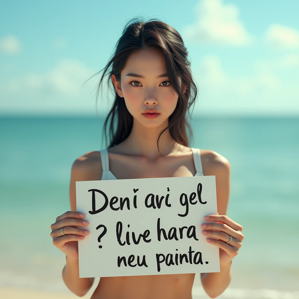 pretty asian girl holds a sign that says in portuguese "o koji é viado" and sea