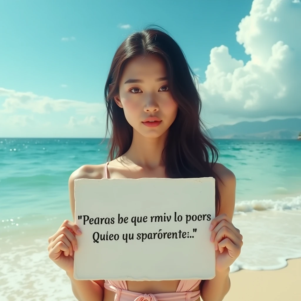 pretty asian girl holds a sign that says in portuguese "o koji é viado" and sea