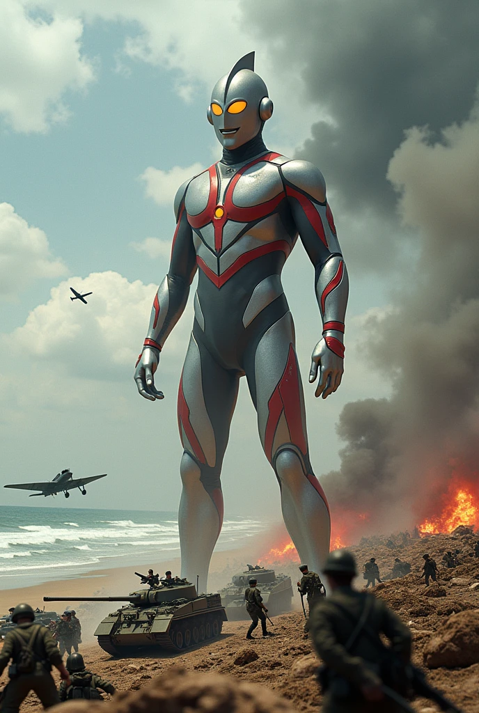 a large ultraman taro  in water fighting and kicking a huge army on a battlefield, detailed war scene with soldiers, tanks, aircraft, explosions, sea, beach, tilt-shift photography style, 1940s world war 2 setting, hyperdetailed, cinematic, masterpiece, best quality, 8k, hyper realistic, volumetric lighting, dramatic lighting, vibrant colors, highly detailed, intricate details, subtle film grain, seamless composition
