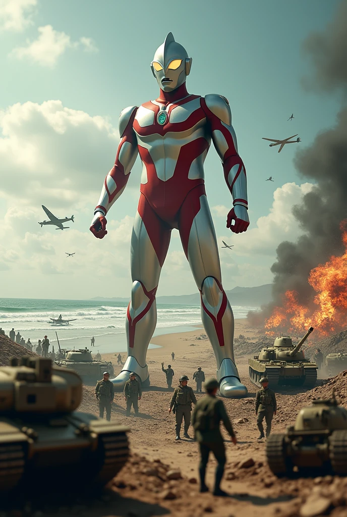 ultraman eating . army day bomb . sea, beach . everywhere lot of soldier in battlefield.world war 2. tilt shift photography. lot of war. tank.aircraft 1940. air drop