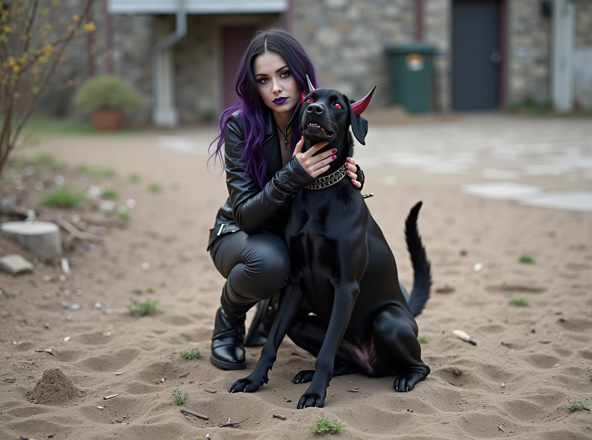 ultra realistic, photograph, award winning, super detailed, Character Descriptions: Owner: Appearance: A goth metal female with long, flowing black hair and striking purple highlights. Her style is dark and edgy, reflecting her love for heavy metal and all things spooky. She often wears band t-shirts, leather jackets, and dark makeup, with a preference for black and purple tones. Personality: Despite her dark appearance, she has a sharp sense of humor and a playful side, especially when it comes to her beloved dog, Callizto. She’s a skilled gamer, particularly in World of Warcraft, where she leads raids with her guild, "La Danse Macabre." Callizto: Appearance: A sleek, black female Labrador with shiny fur and bright, intelligent eyes. In her demon form, she sports small, menacing horns, glowing red eyes, a spiked collar, and a flaming tail, adding a supernatural flair to her usually sweet demeanor. Personality: Loyal and affectionate, Callizto is the owner’s constant companion, always ready to play or cuddle. However, she has a mischievous streak, often getting into trouble or surprising her owner with her antics. When transformed into her demon form, she embraces her darker, more playful side, especially when it comes to showing off her new powers.