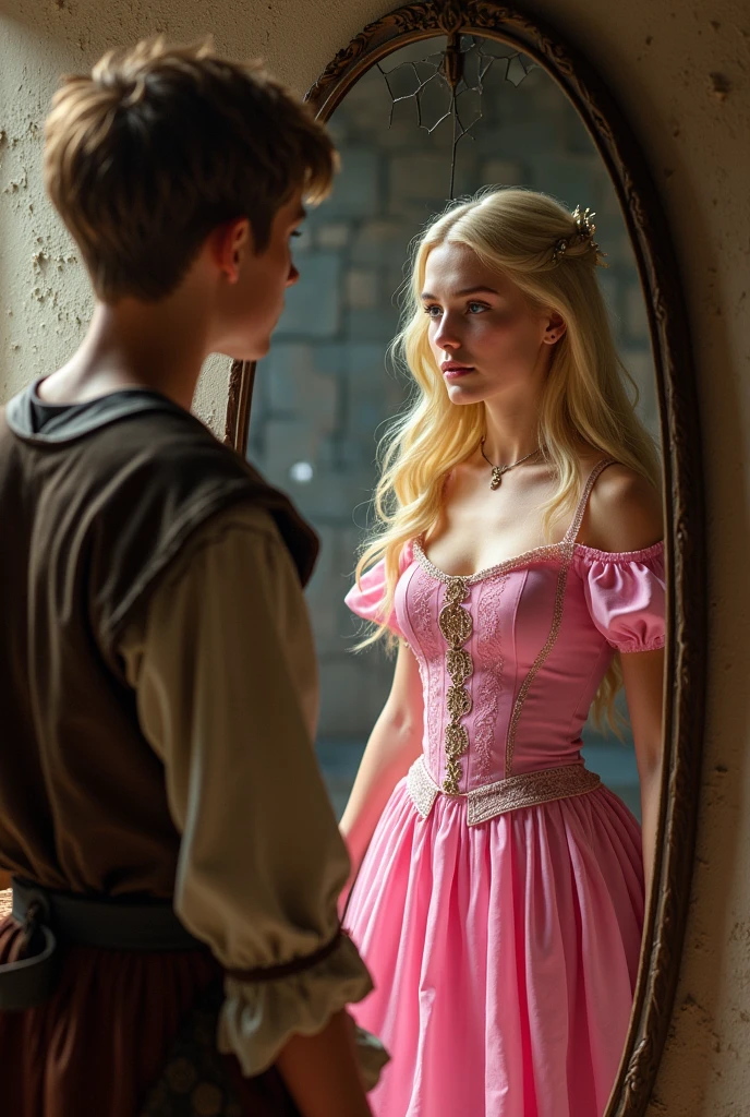 Create a 17-year-old boy from the medieval era dressed as a peasant looking at himself in the mirror reflecting his image in the mirror as a blonde princess wearing a pink dress..