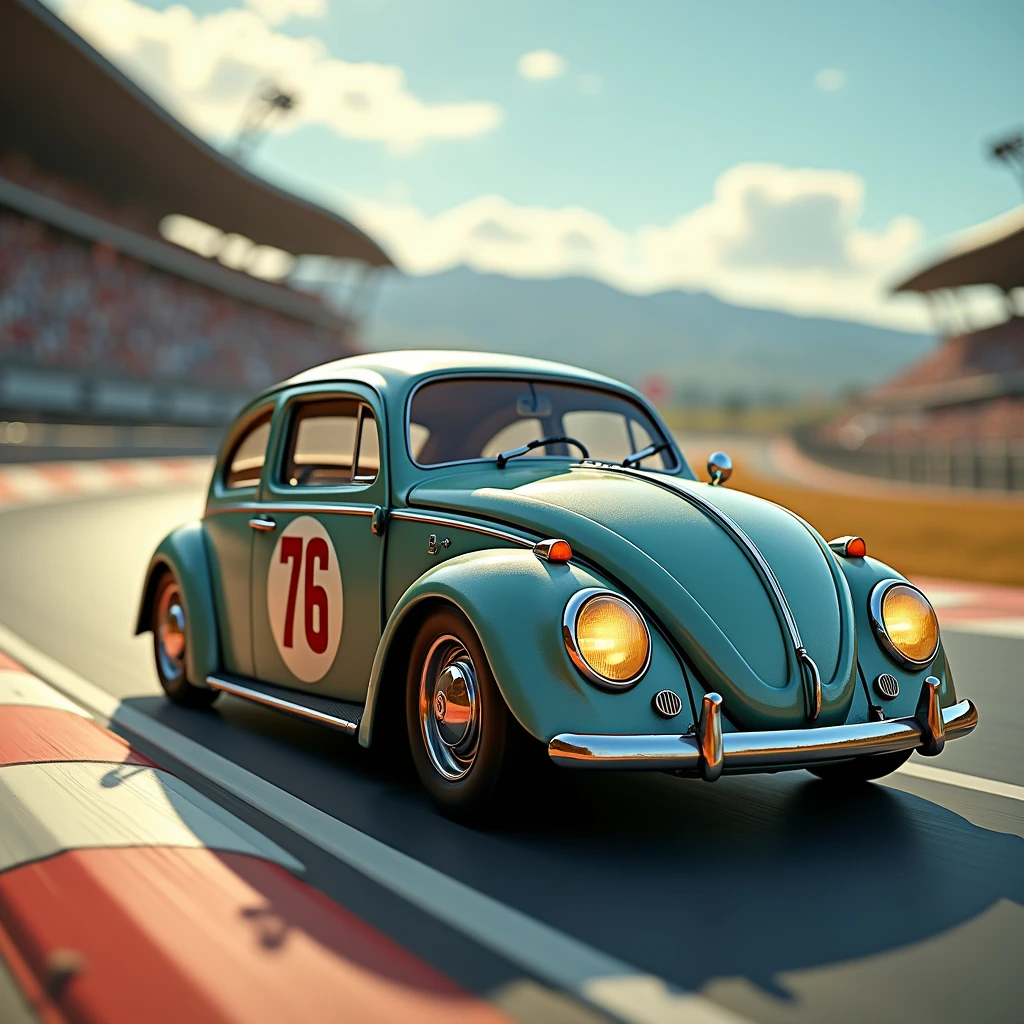 a Volkswagen Beetle model car, with number 76 on the door on a race track youtube banner virtual reality glasses format 2.048 x 1.152 pixels
