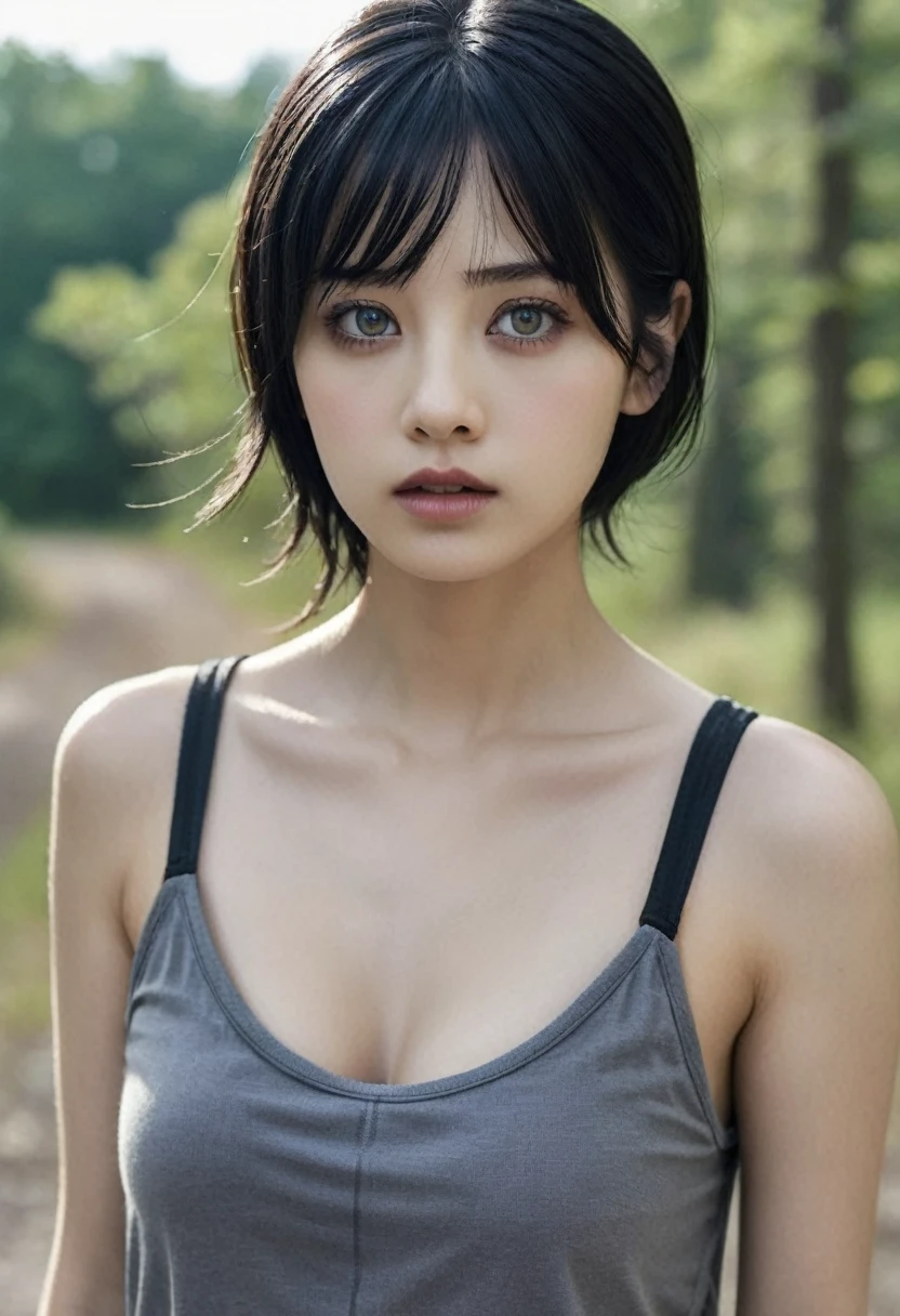 girl with straight black hair, big grey eyes, environment of the walking dead series she is running from the zombies