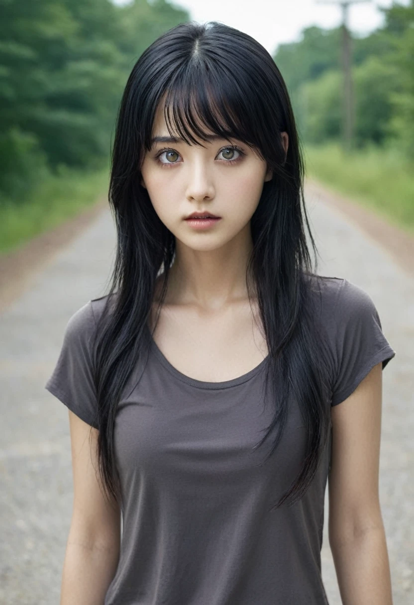 girl with straight black hair, big grey eyes, environment of the walking dead series she is running from the zombies