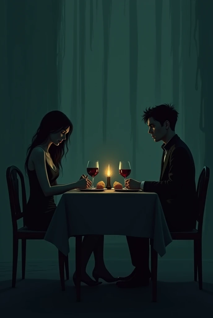 Couple sitting at a table, eating something and drinking wine, with a sad vibe, without love, The two don't touch or look at each other., dark and lifeless environment