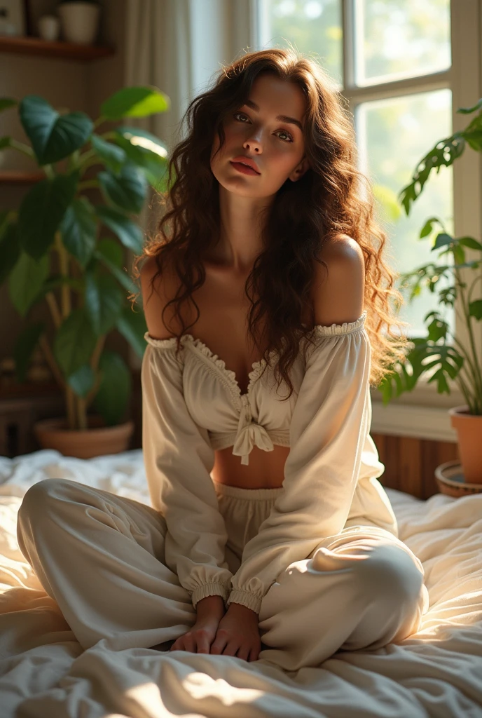 (photorealism:1.2), beautiful woman, sitting on bed, wearing loose off-shoulder top, pajama pants, long curly hair, indoors, soft lighting, plants in background, window with sunlight, cozy room, relaxed pose, realistic, intricate details, warm colors, by Greg Rutkowski, by Alphonse Mucha