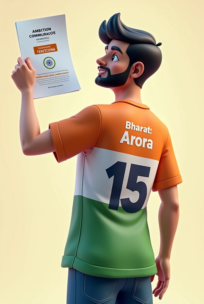 A 25 years old boy holding A4 sheet paper in one hand written on it’s"Ambition Commerce Coaching 15 Aug. Tally offer only RS.6000"  and second hand holding the national flag of Bharat and he is wearing a  shirt print is like Bharat flag and “Bharat Arora” and 15 number and Ambition commerce coaching in small written on it’s back in big and bold fonts, 3d illustration