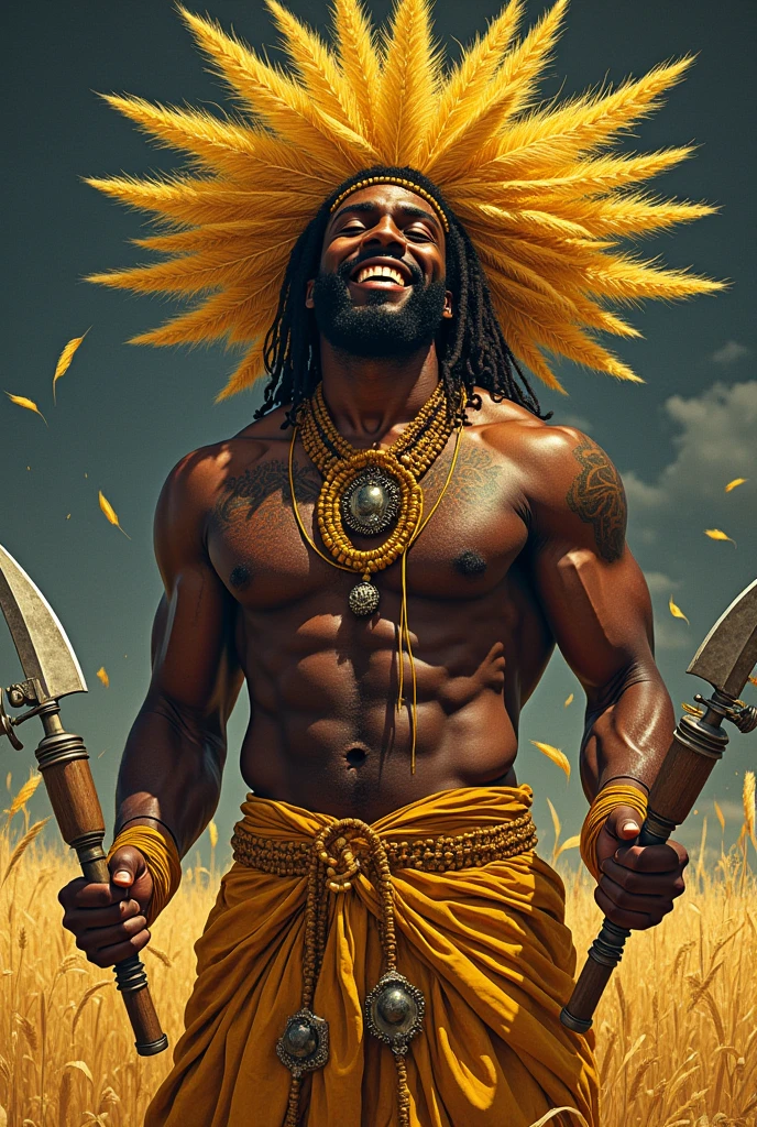 Strong Orixa Ogum  wearing clothes made of golden grass  African , smiling a lot
And holding two handcrafted machetes  !  A sensual black man  (African drawing) ! And behind the sign of technology 