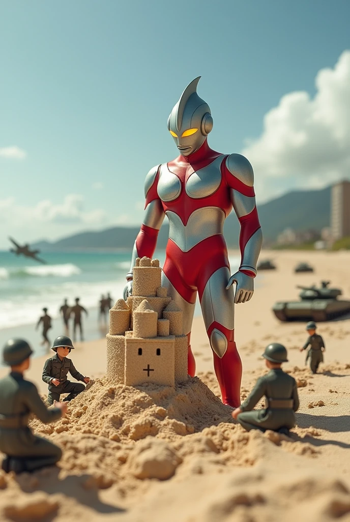 ultraman play sand castle. army day bomb . sea, beach . everywhere lot of soldier in battlefield.world war 2. tilt shift photography. lot of war. tank.aircraft 1940. air drop