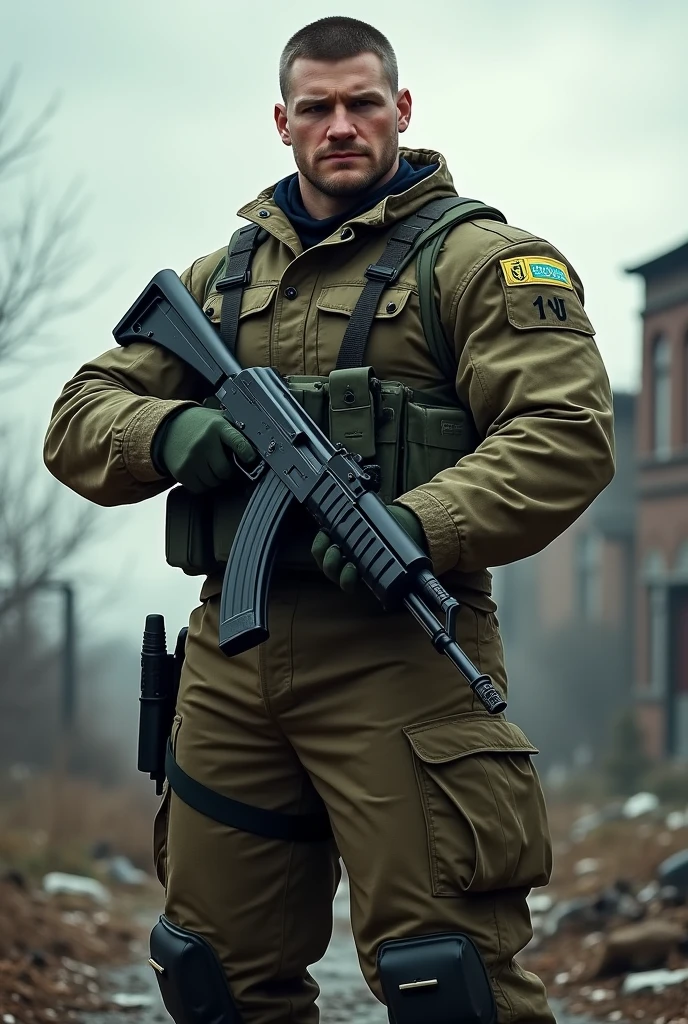 strong, powerful, brave soldier, with ak-47. 41 motorized rifle brigade of Ukraine