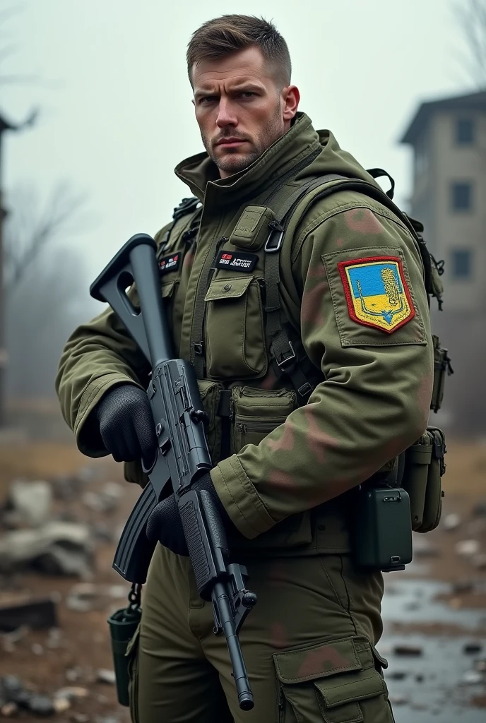 strong, powerful, brave soldier, with ak-47. 41 motorized rifle brigade of Ukraine