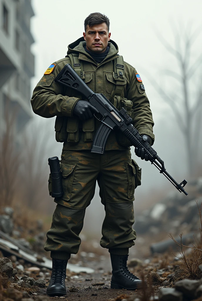 strong, powerful, brave soldier, with ak-47. 41 motorized rifle brigade of Ukraine
