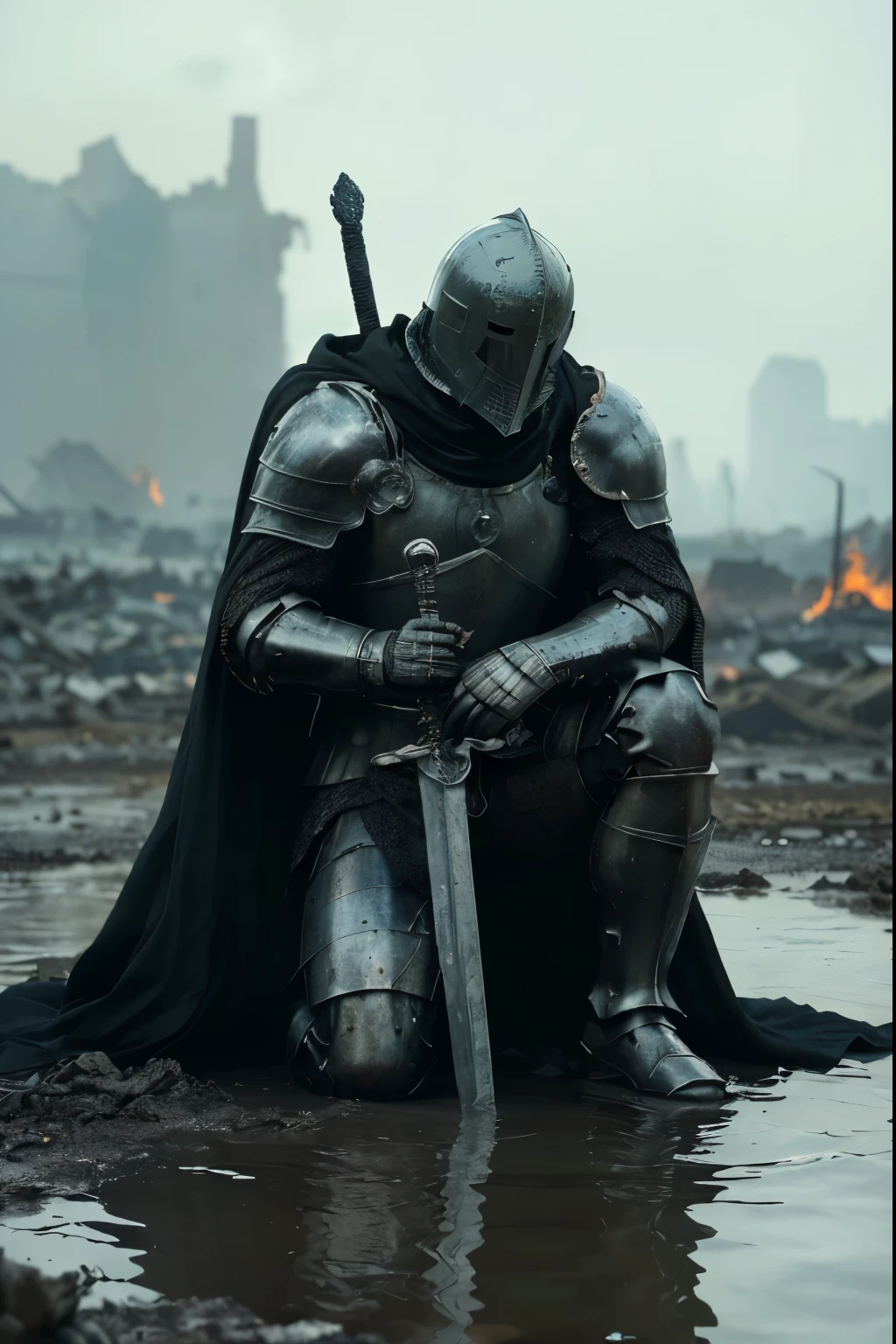 Create a photorealistic, high-resolution image of a powerful knight in full armor, kneeling or sitting on the ground. The knight wears a massive suit of intricately detailed armor, including a completely enclosed helmet with a closed visor, hiding his face. He is draped in a long, thick, black cloak that billows dramatically in the moving water around him. The cloak has slight burn marks, hinting at the recent devastation. The knight leans on a large sword that is embedded in the ground, symbolizing his defeat and exhaustion. The knight appears strong but visibly defeated and sorrowful, as if he has suffered a heavy loss. Surrounding him is moving water, reflecting and amplifying the scene. The background depicts a wide expanse of devastation, with ruins, burning remnants of buildings, and a distant horizon that emphasizes the scale of the destruction. The image should be rendered with high resolution and sharp detail to emphasize the emotional depth and dramatic setting.