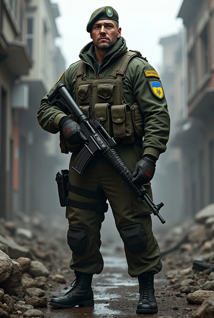 strong, powerful, brave soldier, with ak-47. 41 motorized rifle brigade of Ukraine