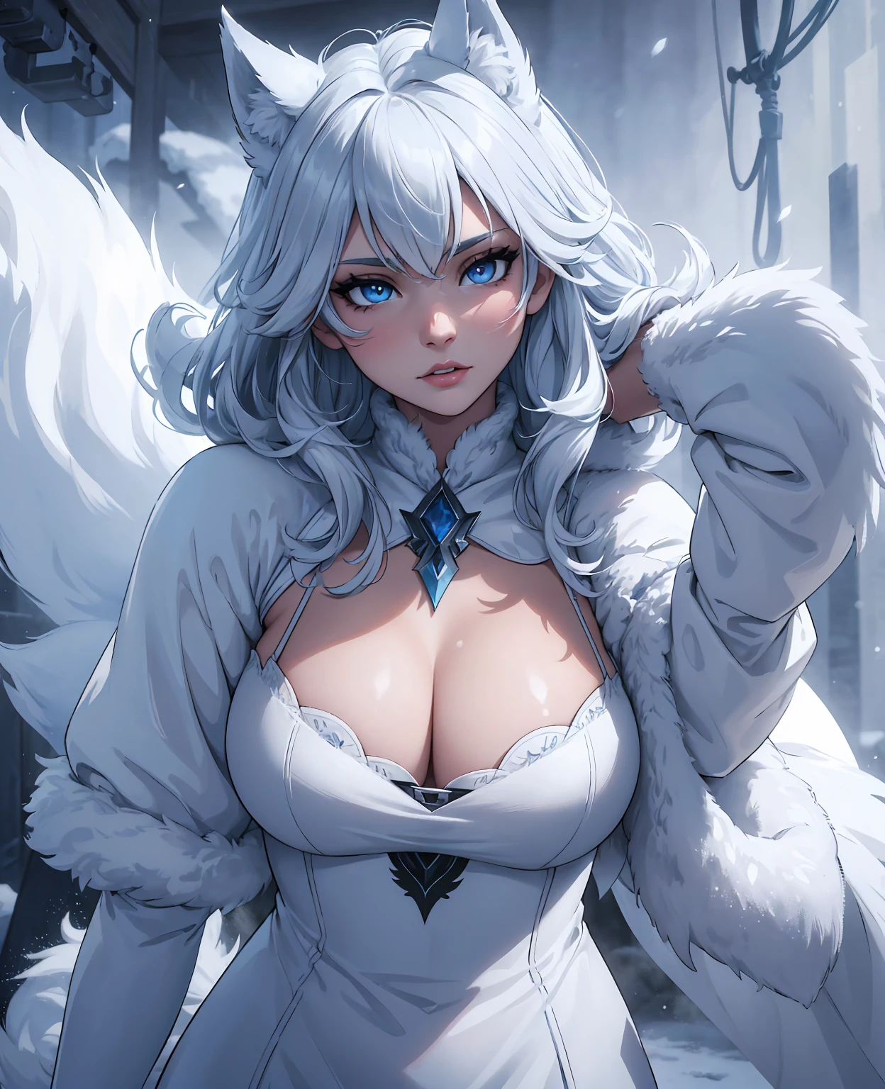 detailed snow wolf, snow wolf portrait, snow white wolf, winter wolf, wolf in the snow, white wolf, majestic snow wolf, beautiful snow wolf, detailed snowy wolf, (best quality,4k,8k,highres,masterpiece:1.2),ultra-detailed,(realistic,photorealistic,photo-realistic:1.37),extremely detailed eyes and face,longeyelashes,detailed fur texture,depth of field,dramatic lighting,cinematic composition,mist,cold atmosphere,blizzard background