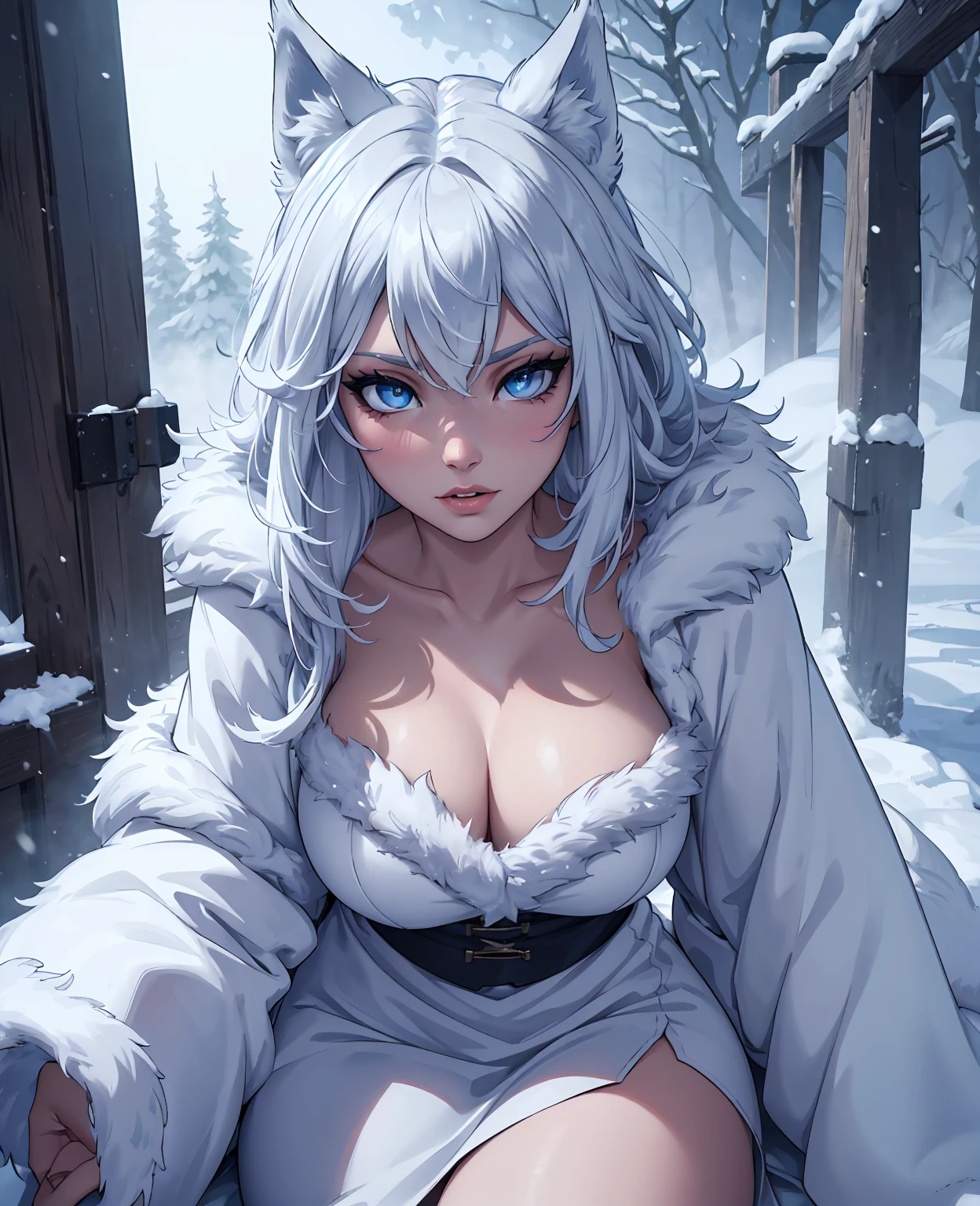 detailed snow wolf, snow wolf portrait, snow white wolf, winter wolf, wolf in the snow, white wolf, majestic snow wolf, beautiful snow wolf, detailed snowy wolf, (best quality,4k,8k,highres,masterpiece:1.2),ultra-detailed,(realistic,photorealistic,photo-realistic:1.37),extremely detailed eyes and face,longeyelashes,detailed fur texture,depth of field,dramatic lighting,cinematic composition,mist,cold atmosphere,blizzard background